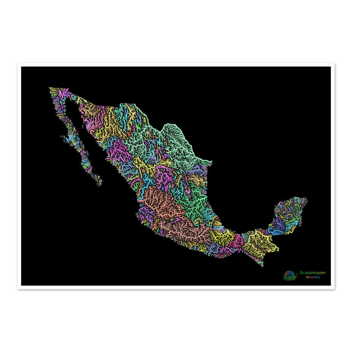 River basin map of Mexico, pastel colours on black - Fine Art Print