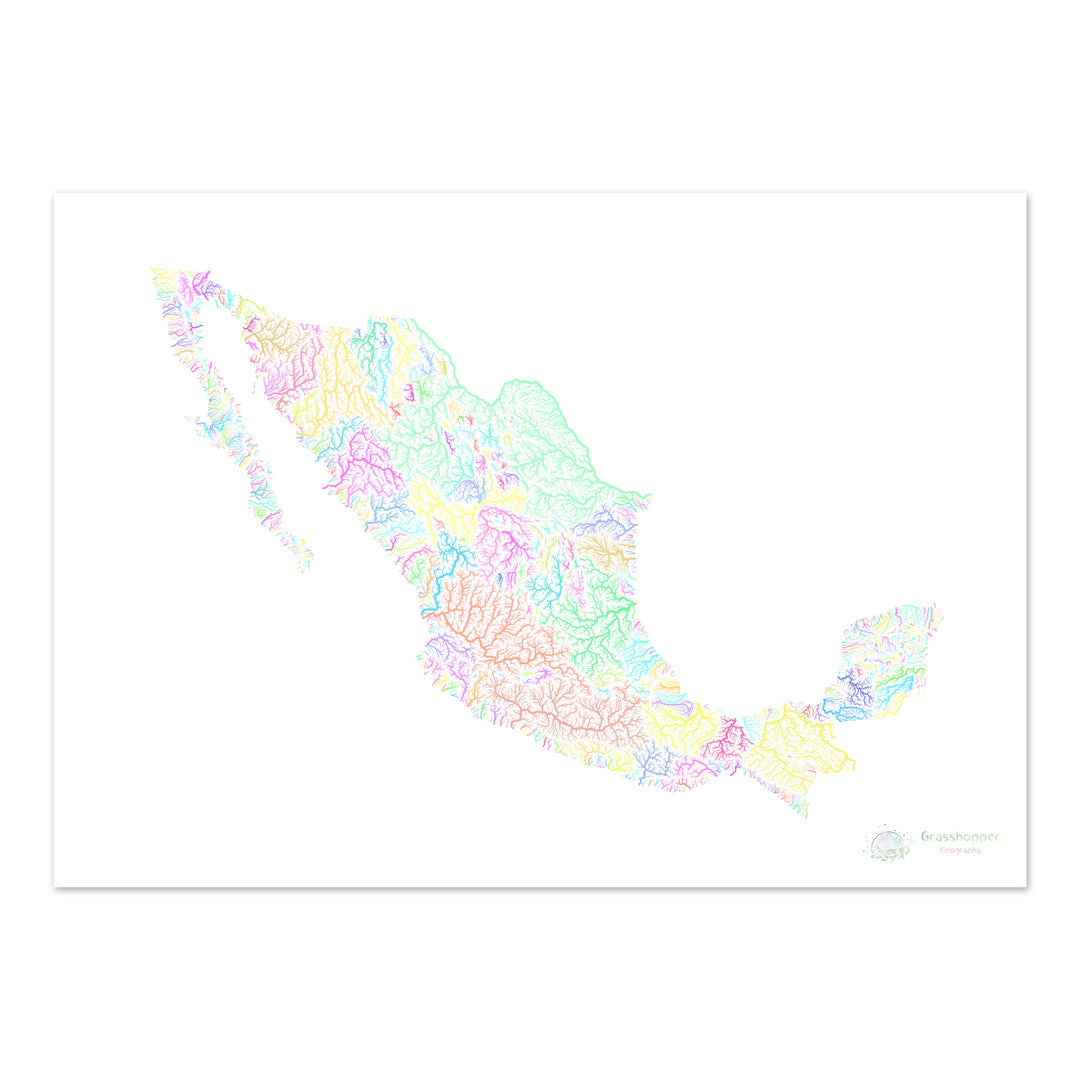 México - Mapa de cuencas fluviales, pastel sobre blanco - Impresión de Bellas Artes