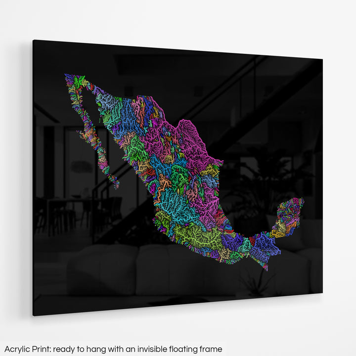 Mexico - River basin map, rainbow colours - Wall Art
