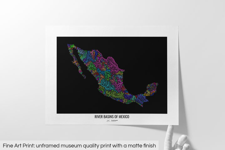 Mexico - River basin map, rainbow colours - Wall Art