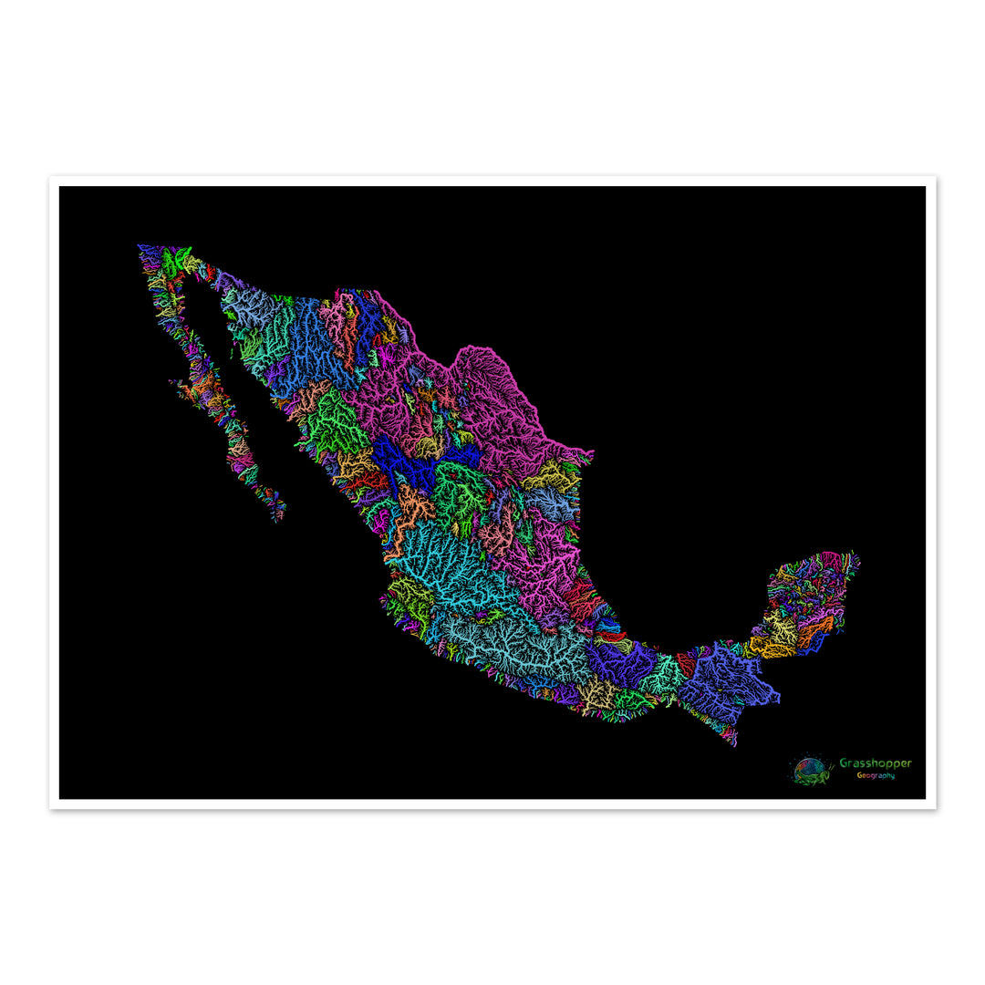 Mexique - Carte des bassins fluviaux, arc-en-ciel sur noir - Fine Art Print