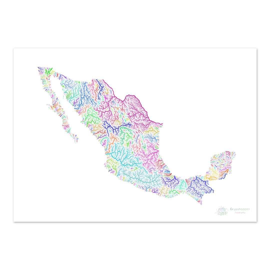 River basin map of Mexico, rainbow colours on white Fine Art Print