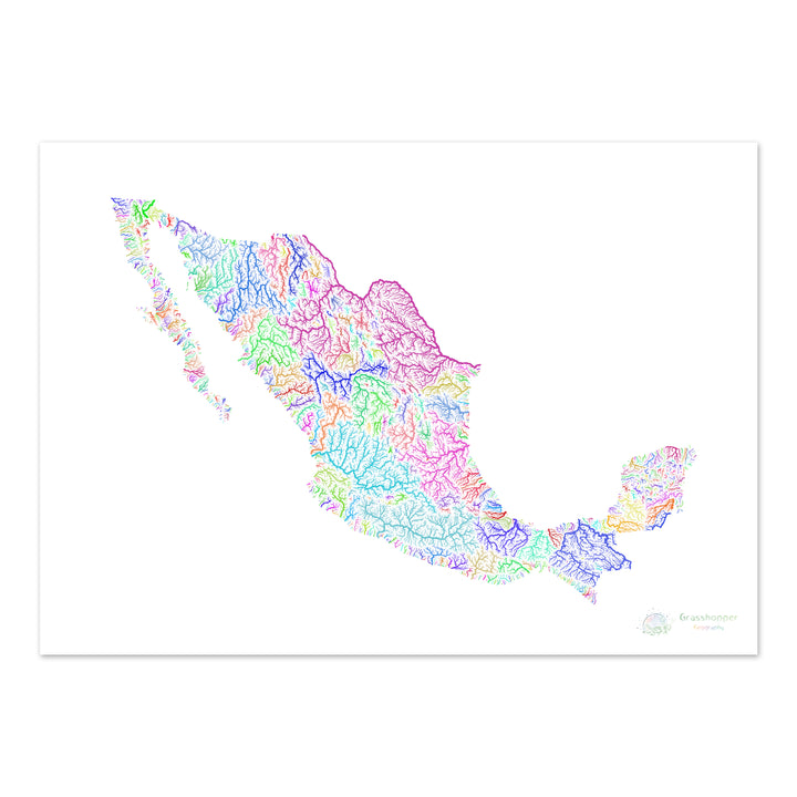 Mexico - River basin map, rainbow on white - Fine Art Print