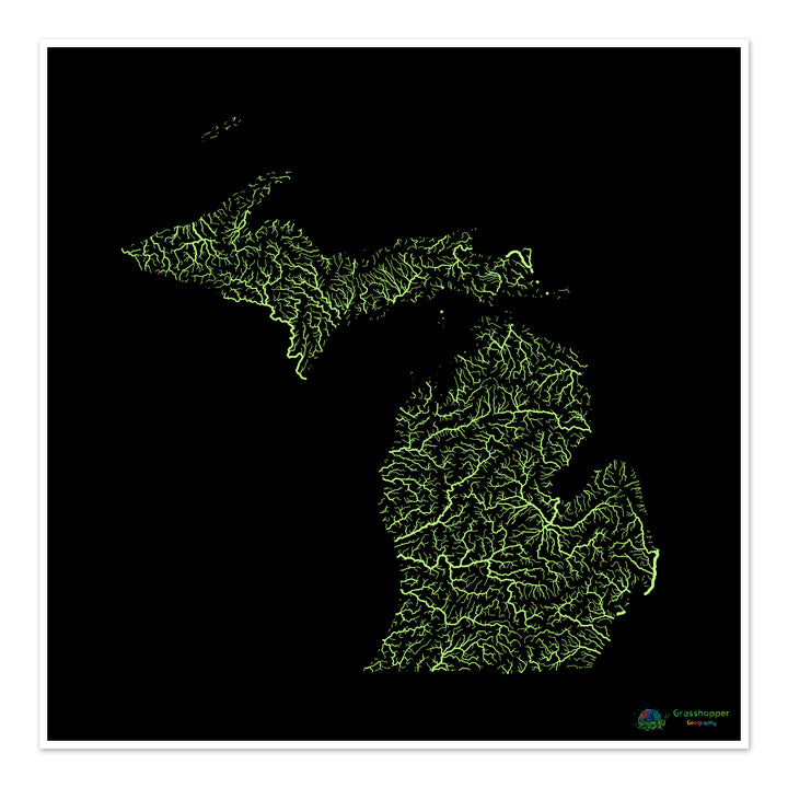 Michigan - Mapa de la cuenca fluvial, pastel sobre negro - Impresión de bellas artes