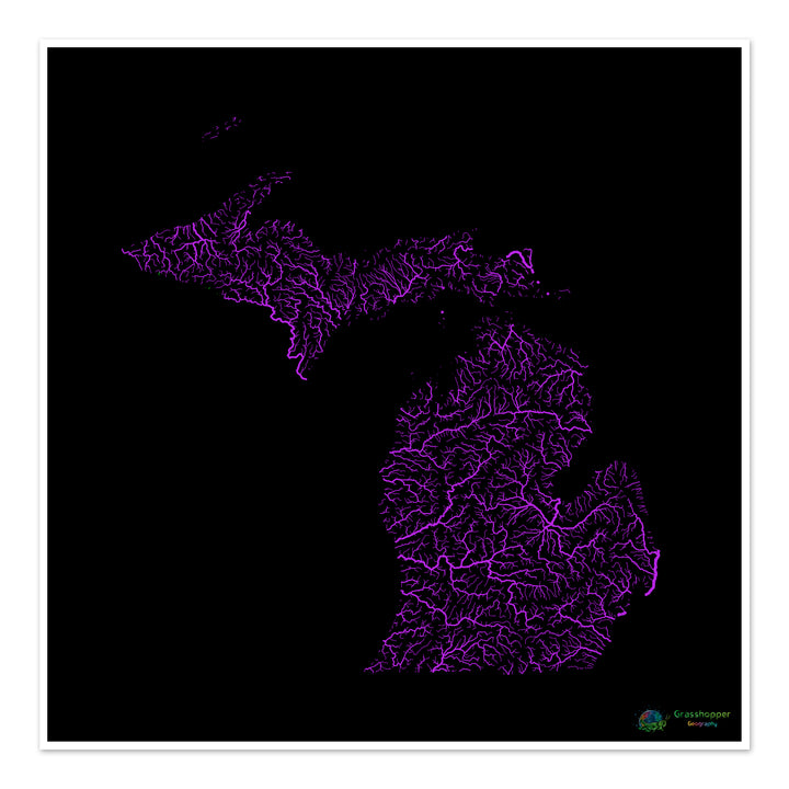 Michigan - River basin map, rainbow on black - Fine Art Print