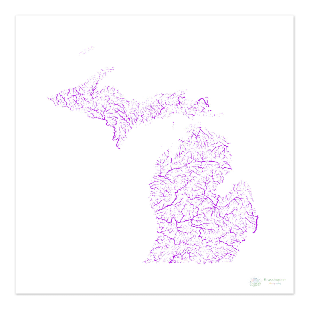Michigan - River basin map, rainbow on white - Fine Art Print
