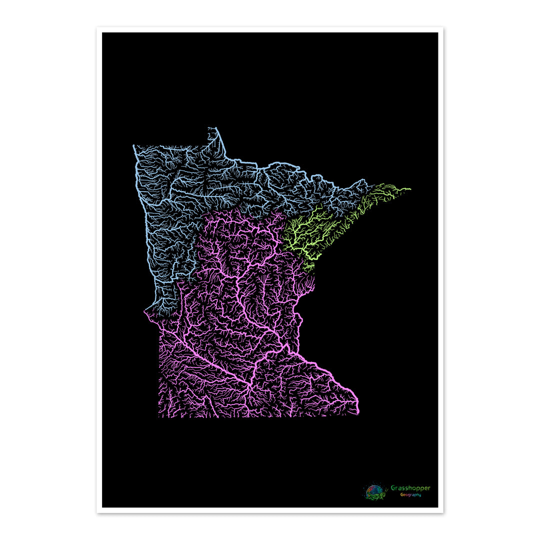 Minnesota - River basin map, pastel on black - Fine Art Print