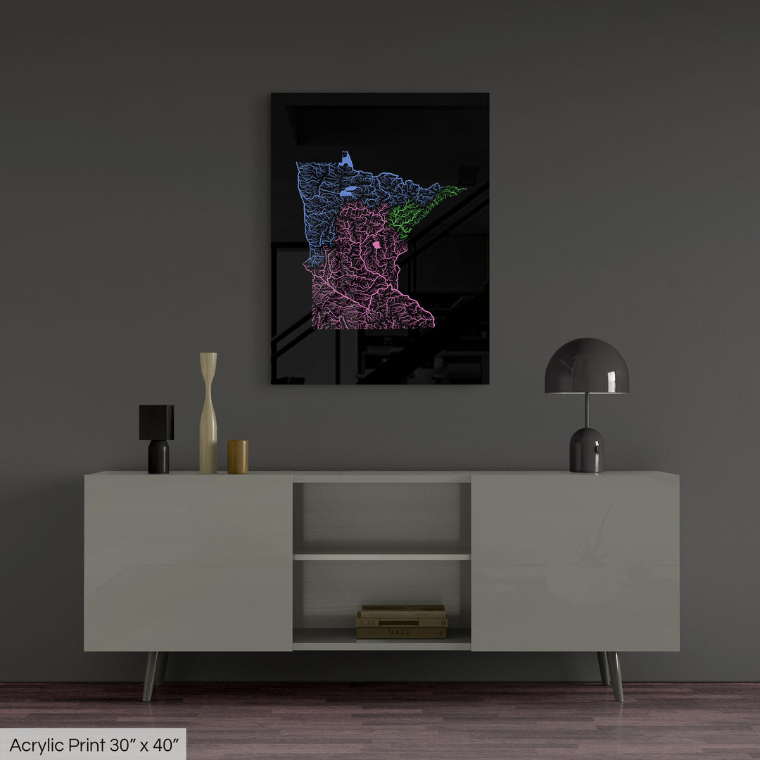 Minnesota - River basin map, rainbow colours - Wall Art
