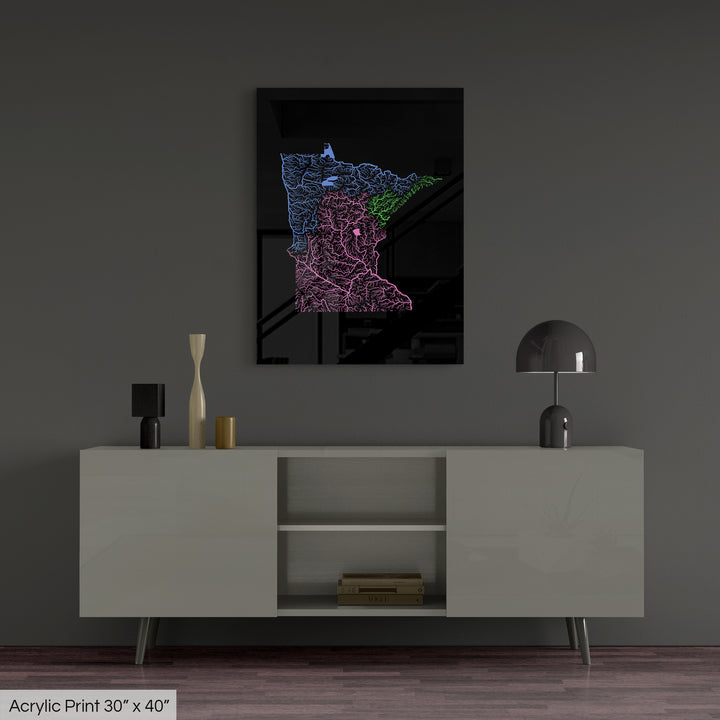 Minnesota - River basin map, rainbow colours - Wall Art