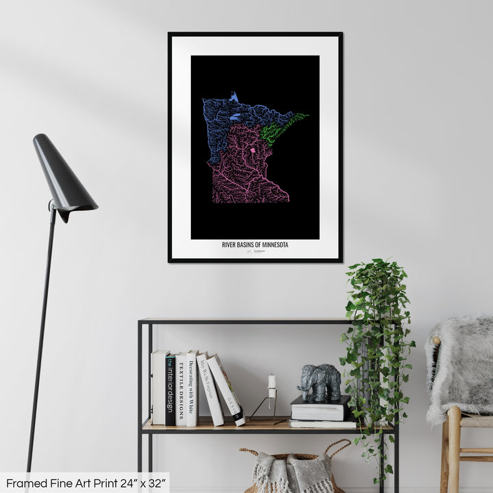 Minnesota - River basin map, rainbow colours - Wall Art