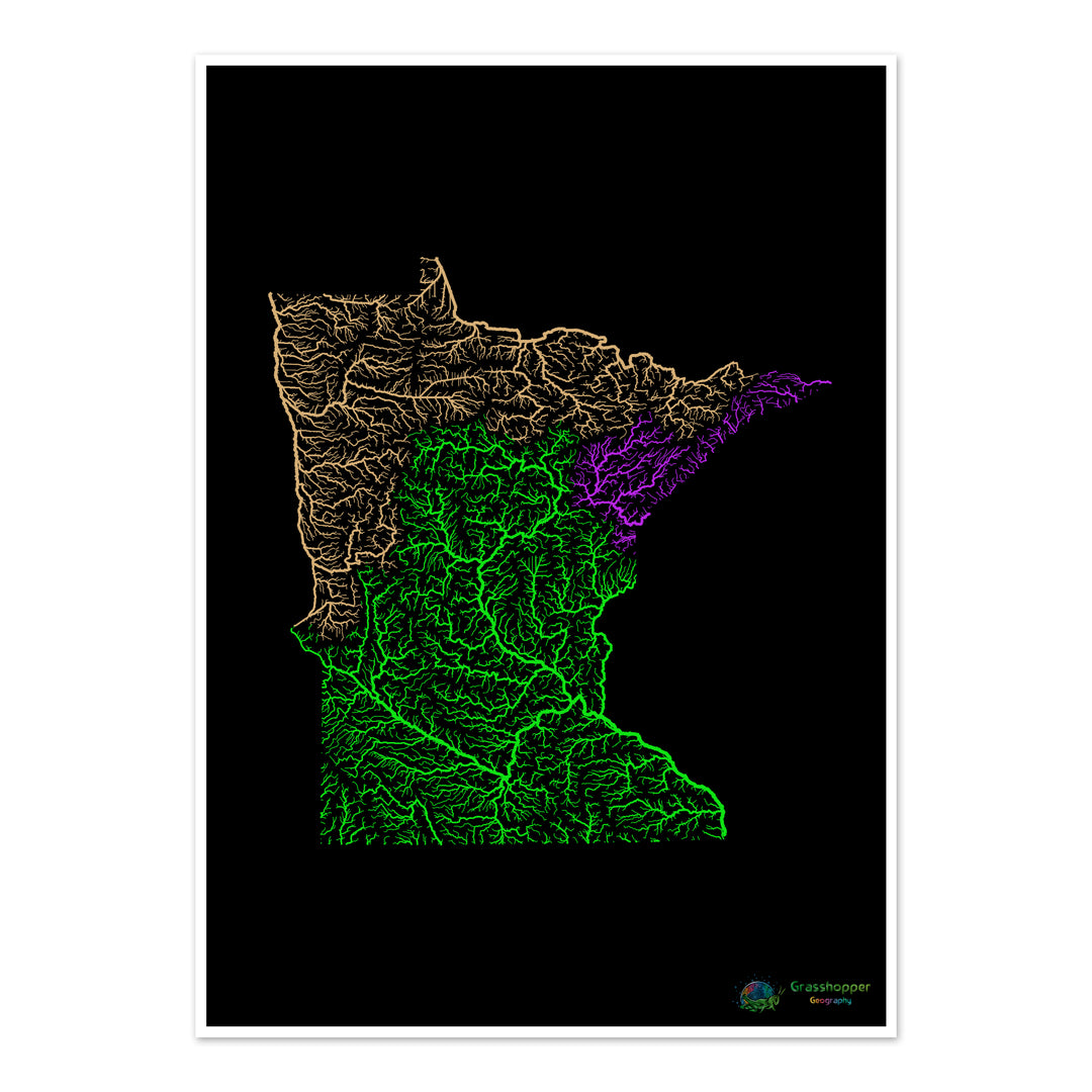 Minnesota - River basin map, rainbow on black - Fine Art Print