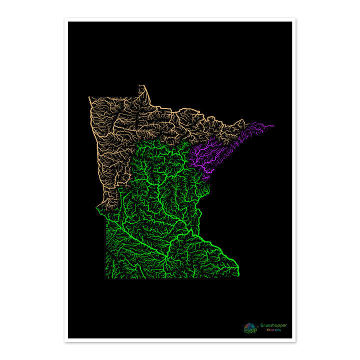 River basin map of Minnesota, rainbow colours on black - Fine Art Print