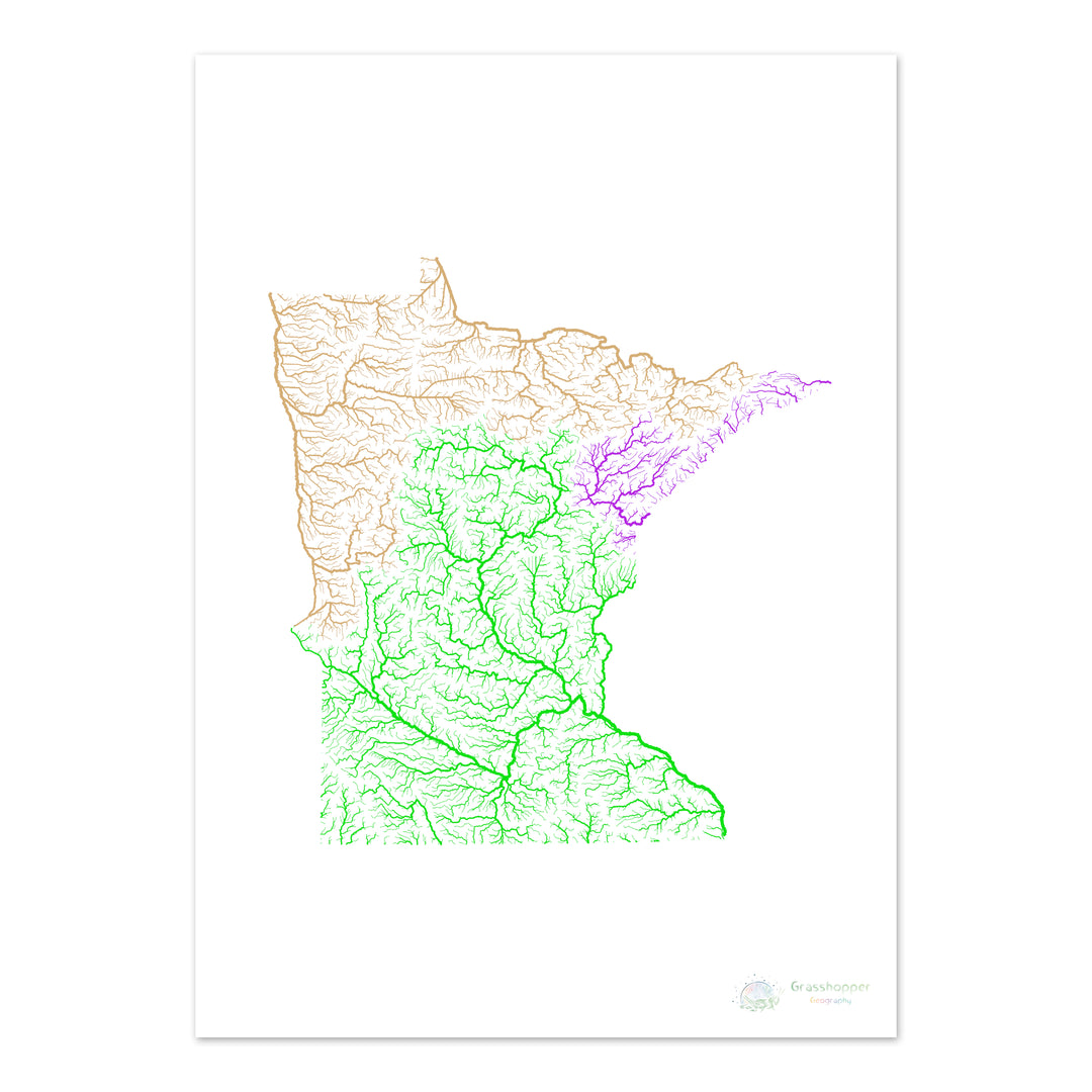 River basin map of Minnesota, rainbow colours on white Fine Art Print
