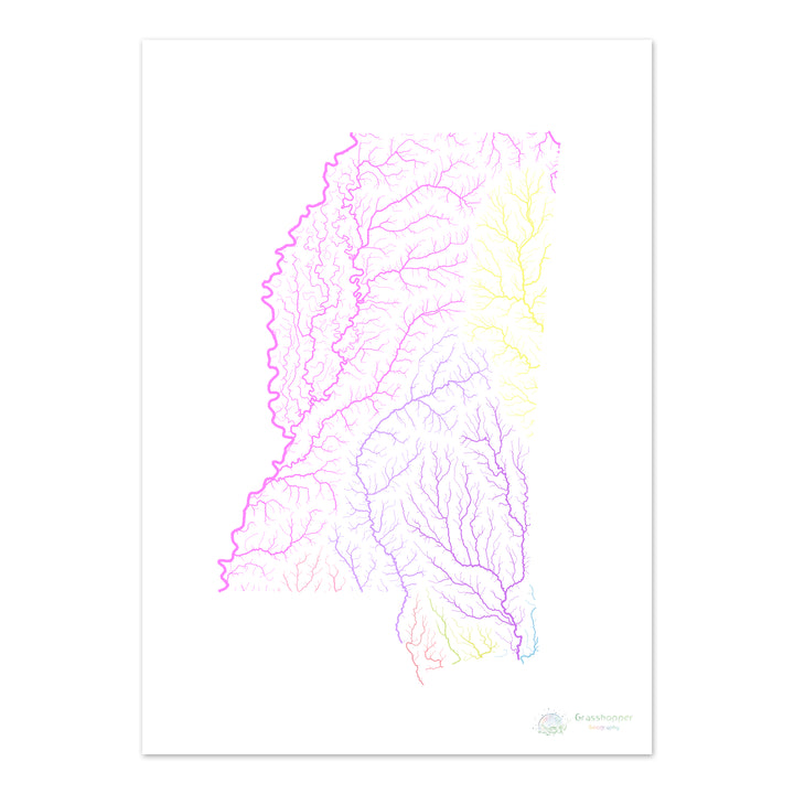 River basin map of Mississippi, pastel colours on white - Fine Art Print