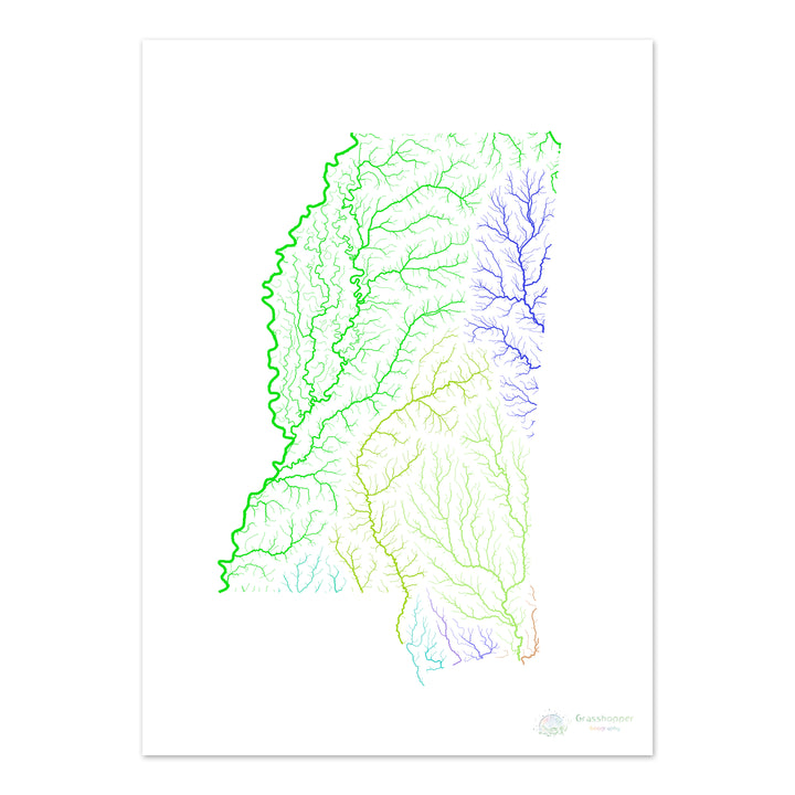 Mississippi - Carte du bassin fluvial, arc-en-ciel sur blanc - Fine Art Print