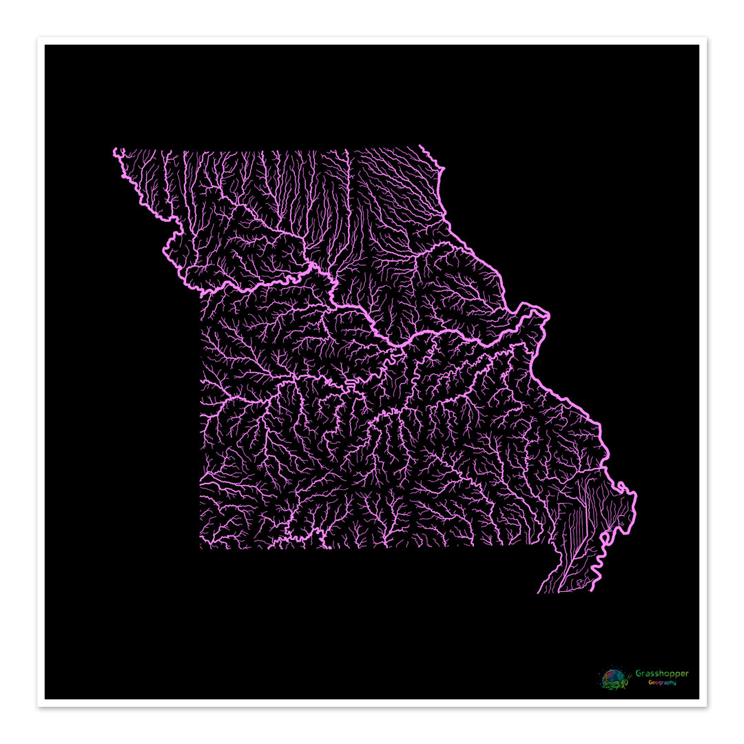 Missouri - River basin map, pastel on black - Fine Art Print