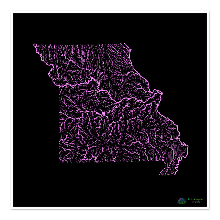 Missouri - River basin map, pastel on black - Fine Art Print