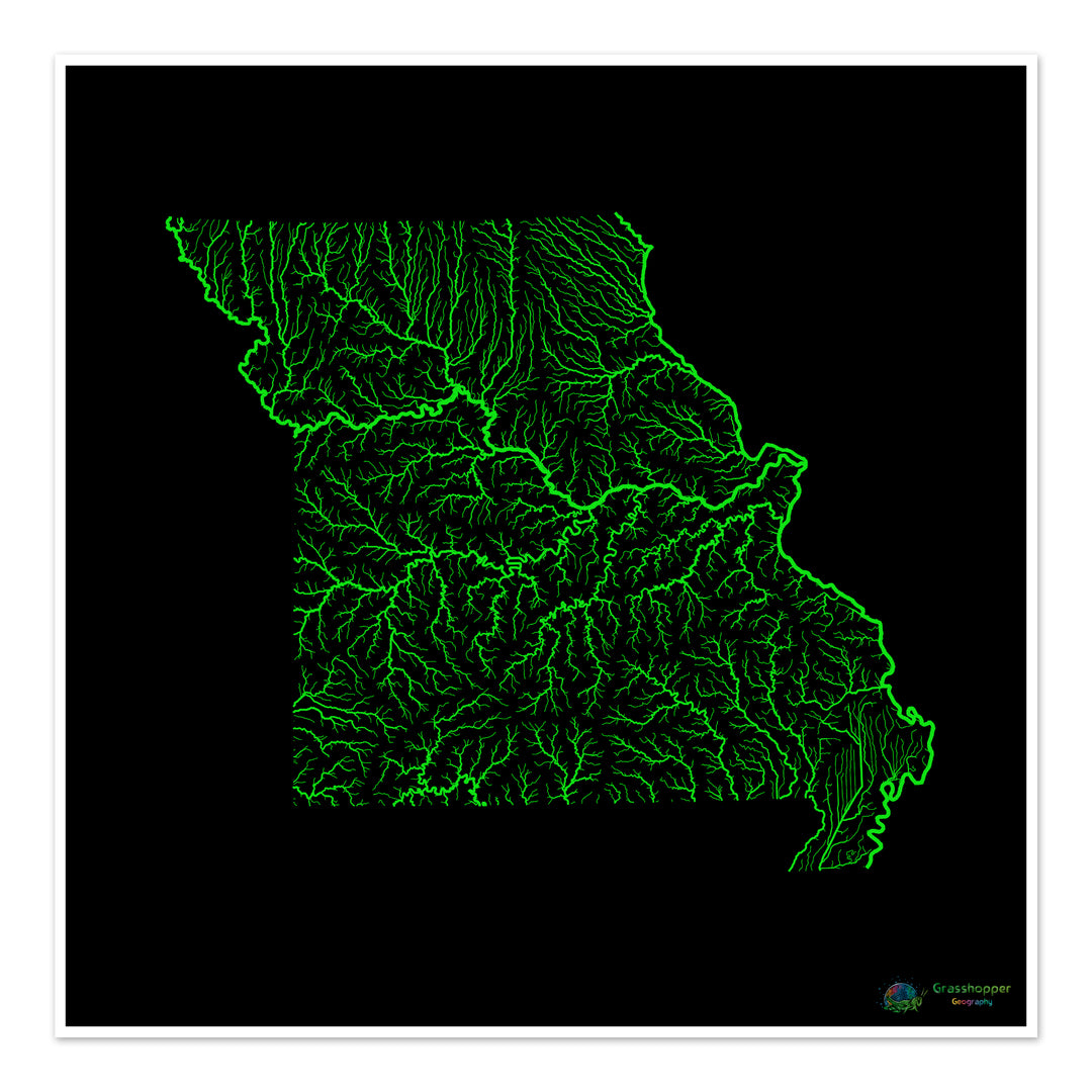 Missouri - Mapa de la cuenca fluvial, arco iris sobre negro - Impresión de bellas artes