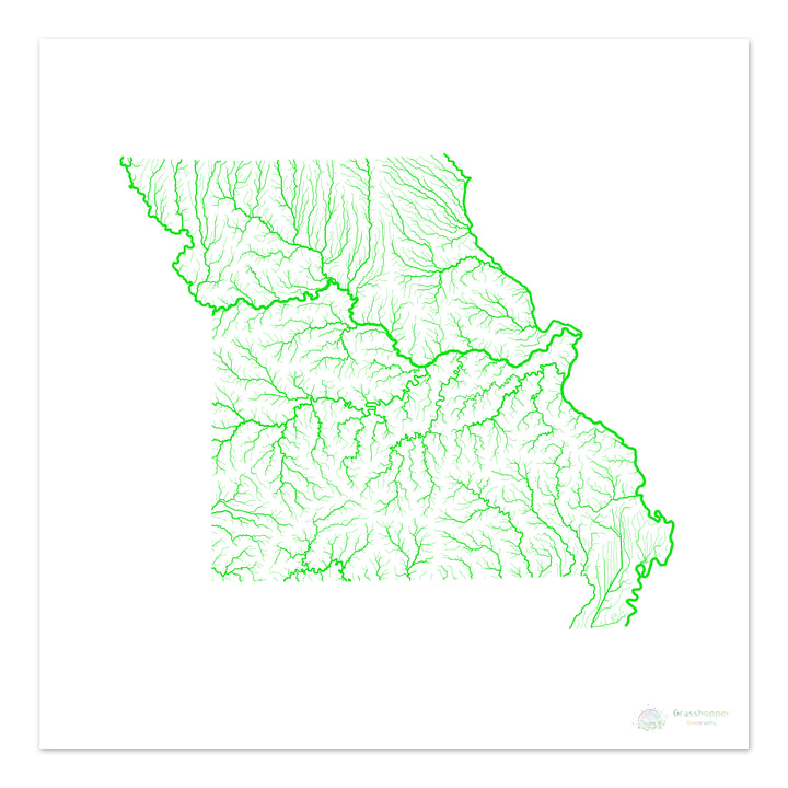 Missouri - Mapa de la cuenca fluvial, arco iris sobre blanco - Impresión de bellas artes