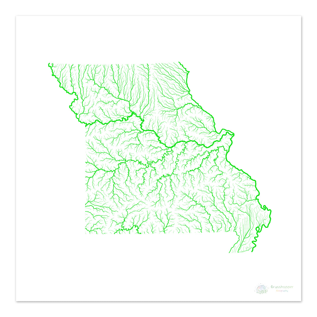 Missouri - Mapa de la cuenca fluvial, arco iris sobre blanco - Impresión de bellas artes