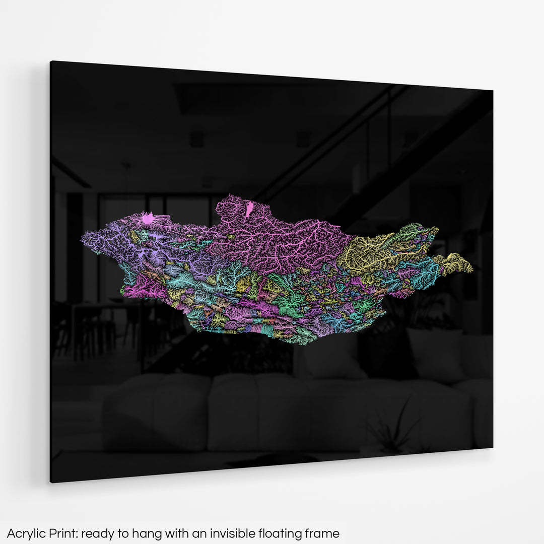 Mongolia - River basin map, pastel colours - Wall Art