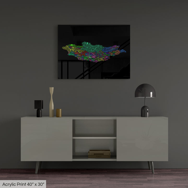 Mongolia - River basin map, rainbow colours - Wall Art