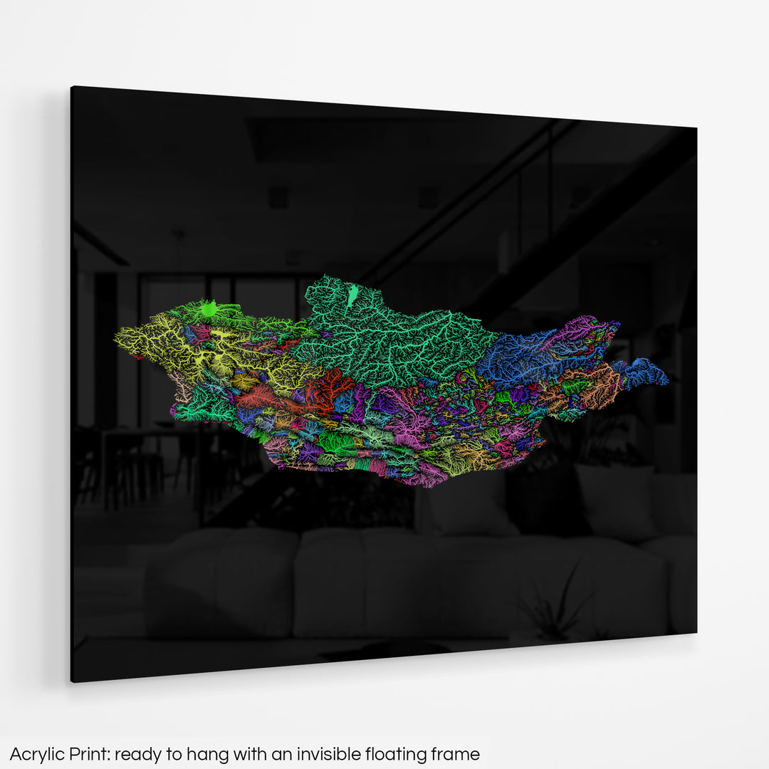 Mongolia - River basin map, rainbow colours - Wall Art