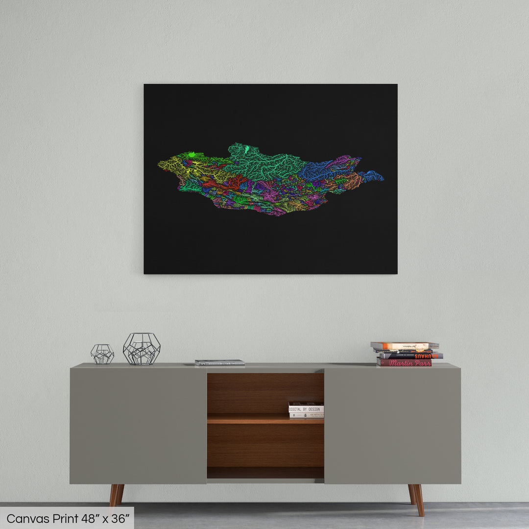 Mongolia - River basin map, rainbow colours - Wall Art