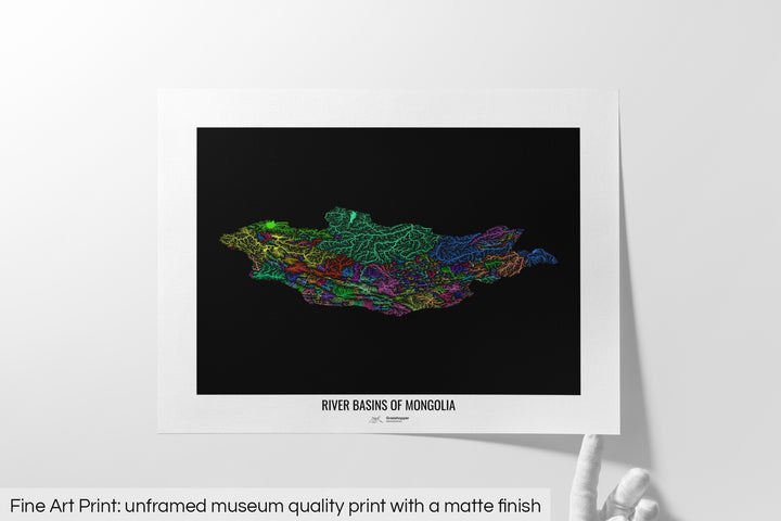 Mongolia - River basin map, rainbow colours - Wall Art