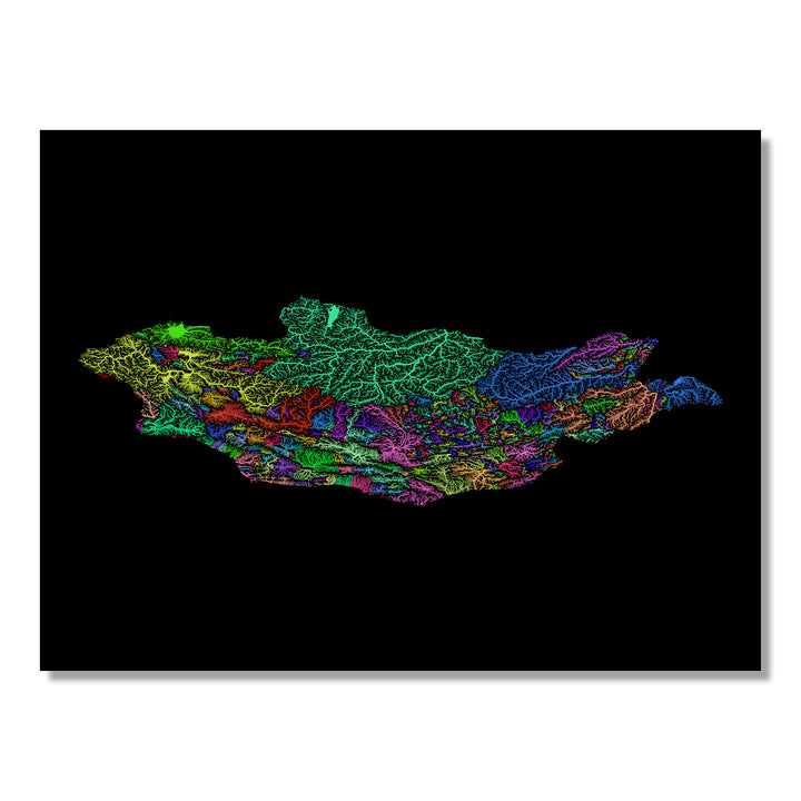 Mongolia - River basin map, rainbow colours - Wall Art