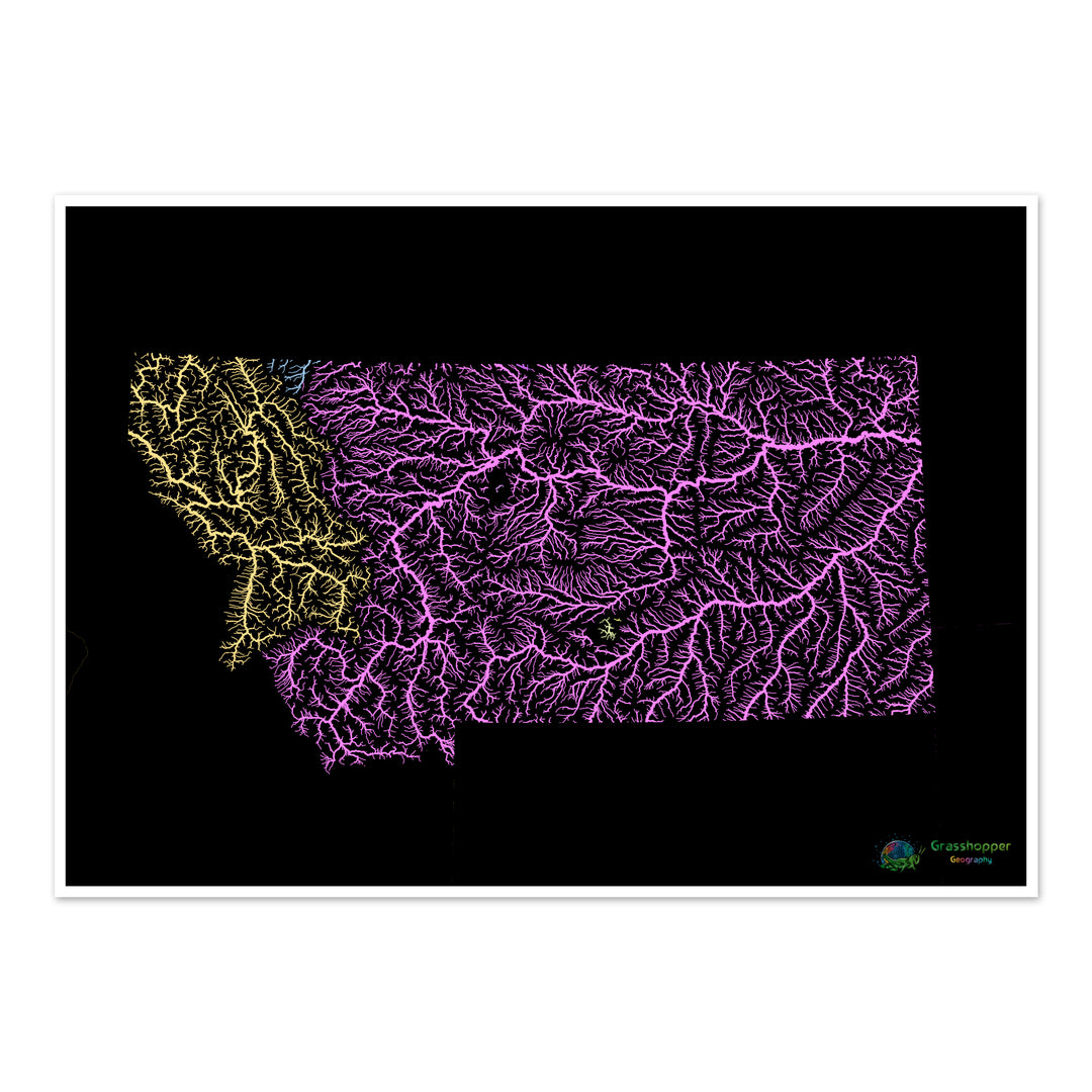 Montana - Mapa de la cuenca fluvial, pastel sobre negro - Impresión de bellas artes