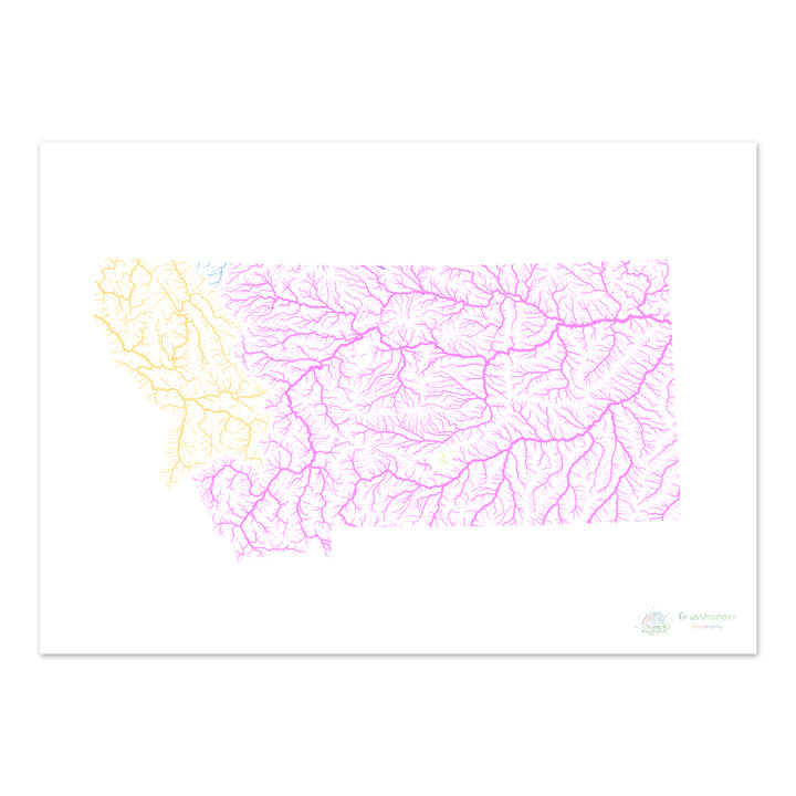 Montana - Mapa de la cuenca del río, pastel sobre blanco - Impresión de Bellas Artes