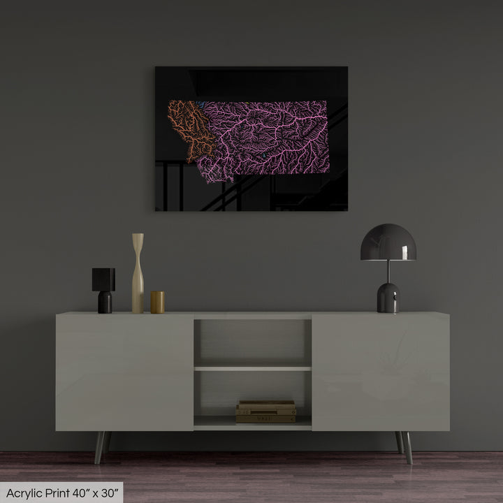 Montana - River basin map, rainbow colours - Wall Art