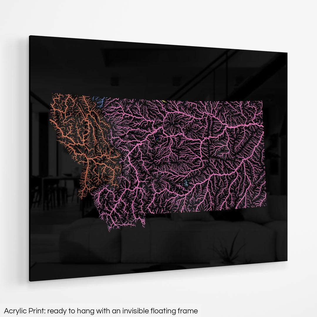 Montana - River basin map, rainbow colours - Wall Art