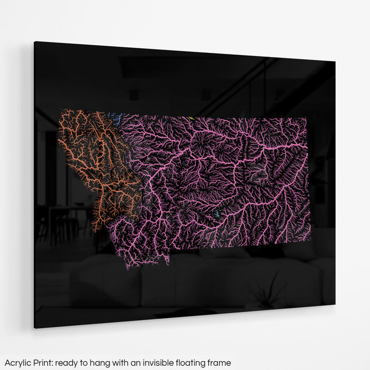 Montana - River basin map, rainbow colours - Wall Art