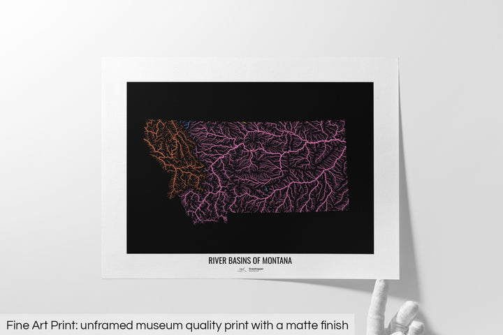Montana - River basin map, rainbow colours - Wall Art