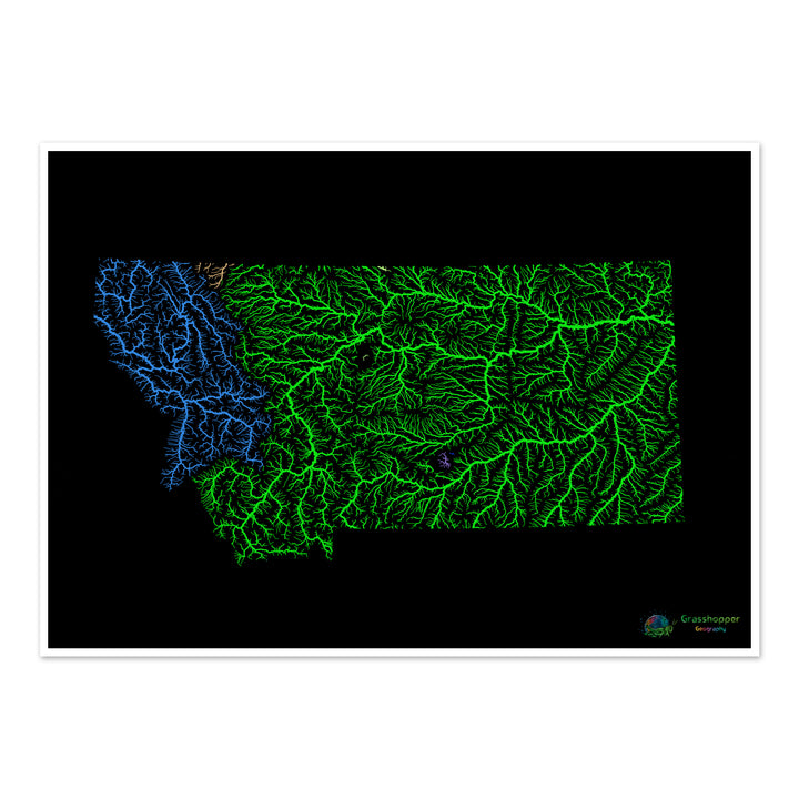 Montana - Carte du bassin fluvial, arc-en-ciel sur noir - Fine Art Print