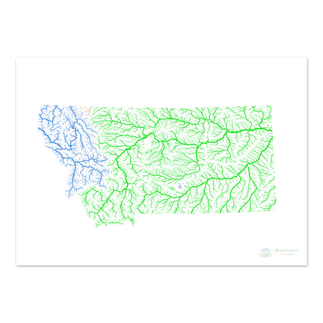 Montana - Mapa de la cuenca fluvial, arco iris sobre blanco - Impresión de bellas artes