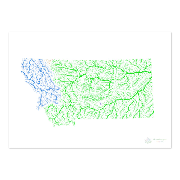 Montana - Carte du bassin fluvial, arc-en-ciel sur blanc - Fine Art Print