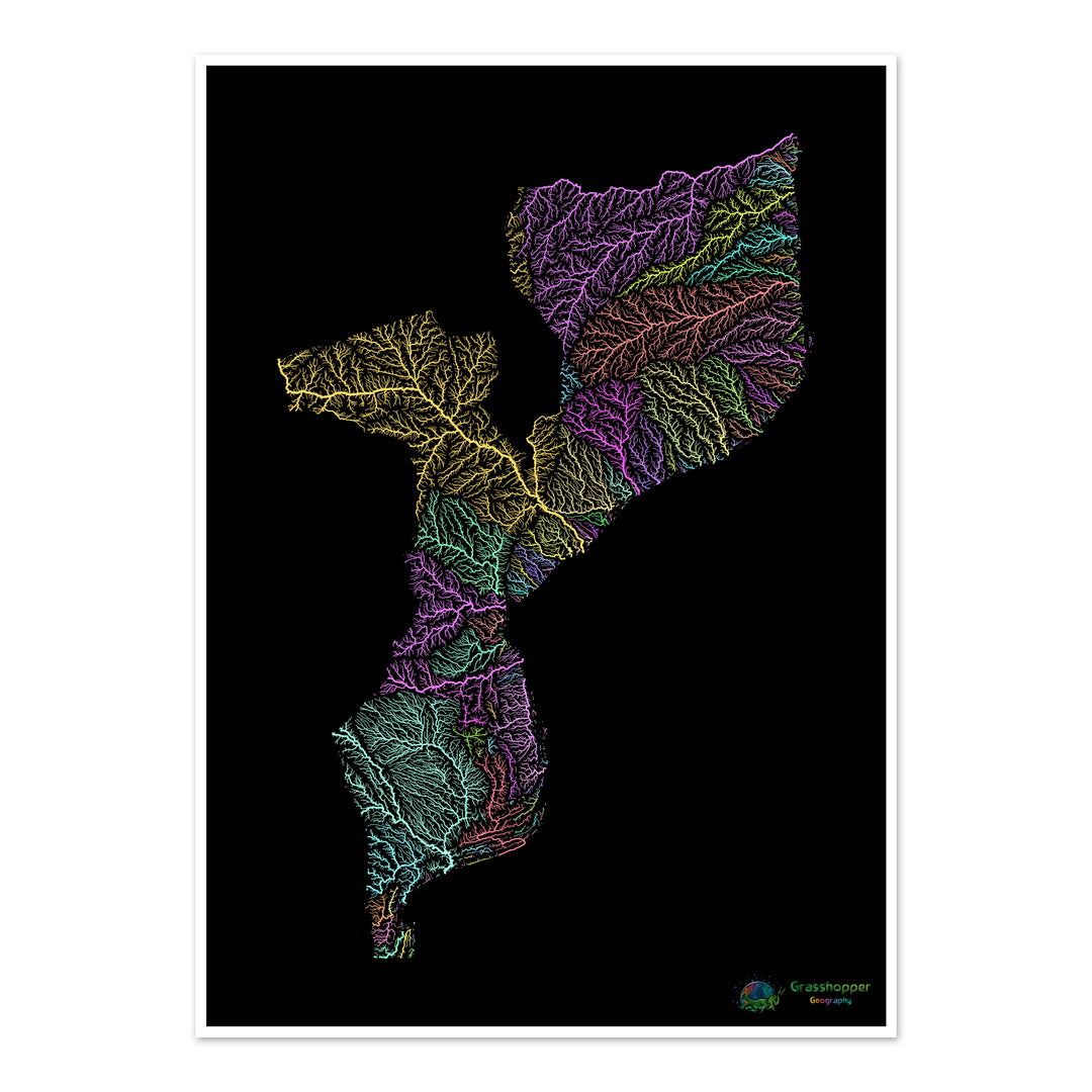 River basin map of Mozambique, pastel colours on black - Fine Art Print