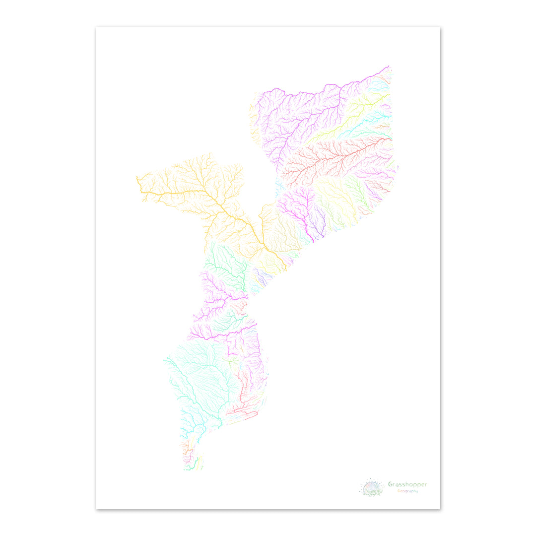 River basin map of Mozambique, pastel colours on white - Fine Art Print
