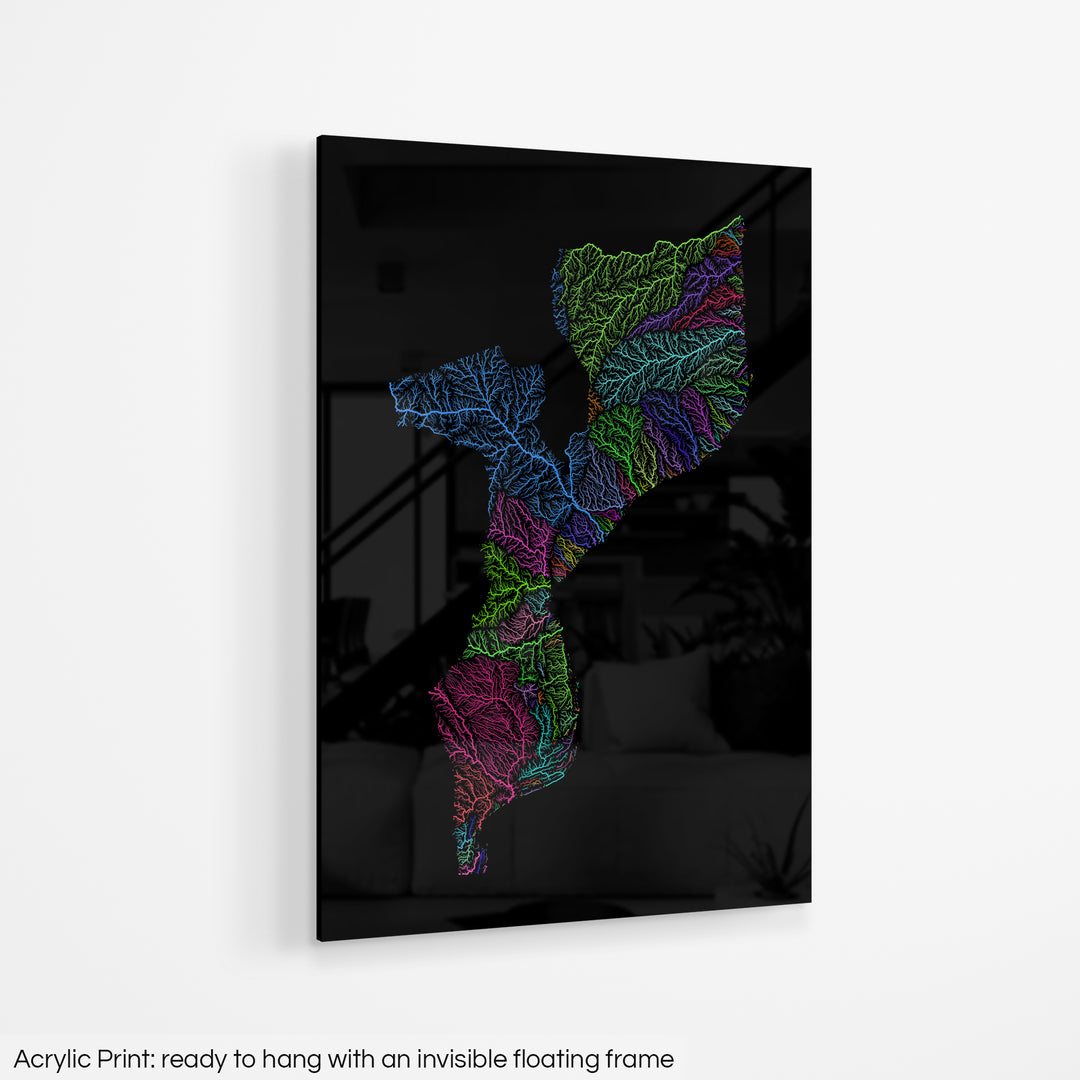 Mozambique - River basin map, rainbow colours - Wall Art
