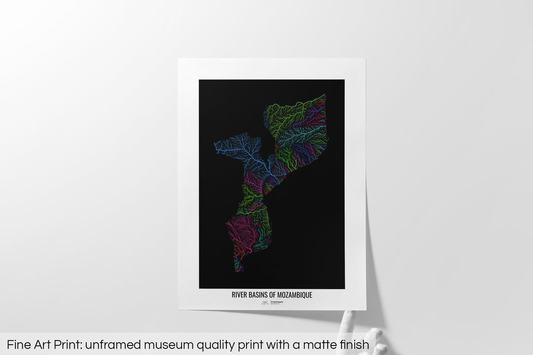 Mozambique - River basin map, rainbow colours - Wall Art