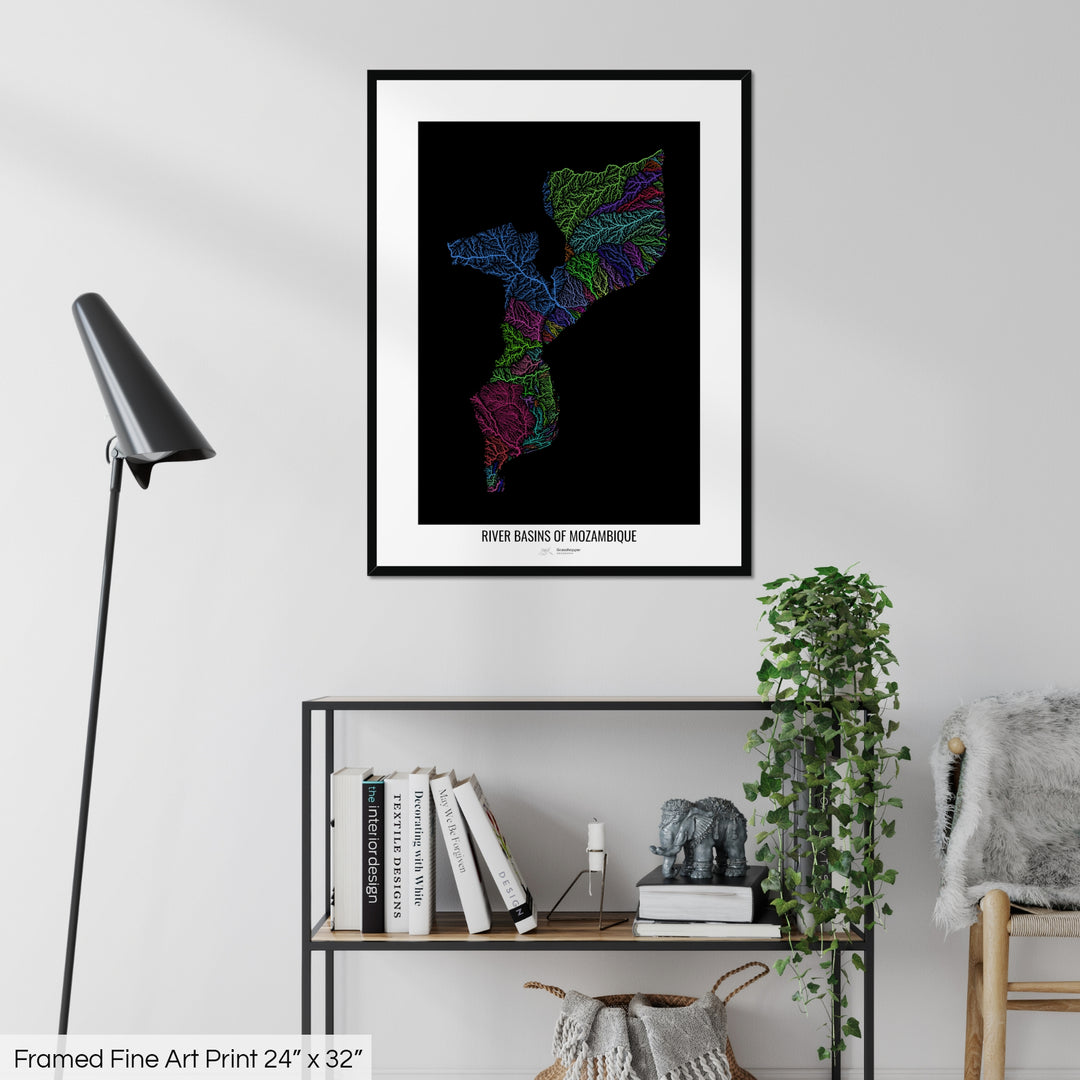 Mozambique - River basin map, rainbow colours - Wall Art