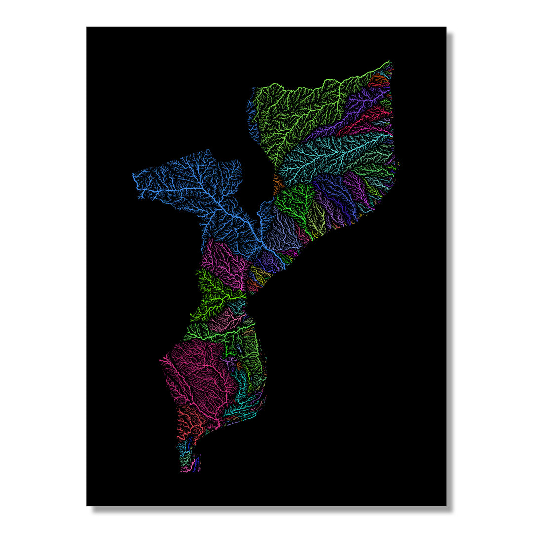 Mozambique - River basin map, rainbow colours - Wall Art