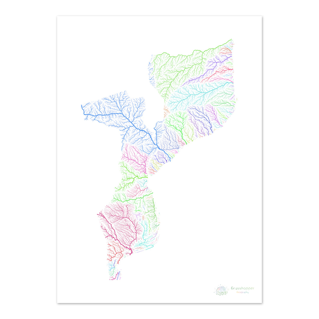River basin map of Mozambique, rainbow colours on white Fine Art Print