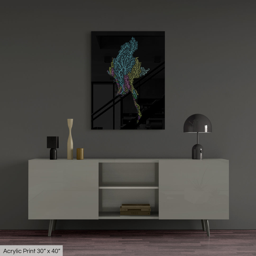 Myanmar - River basin map, pastel colours - Wall Art