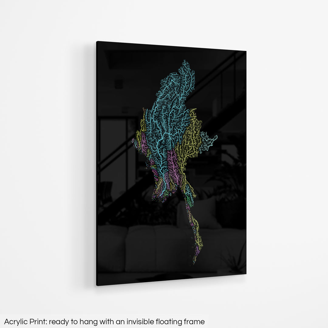 Myanmar - River basin map, pastel colours - Wall Art