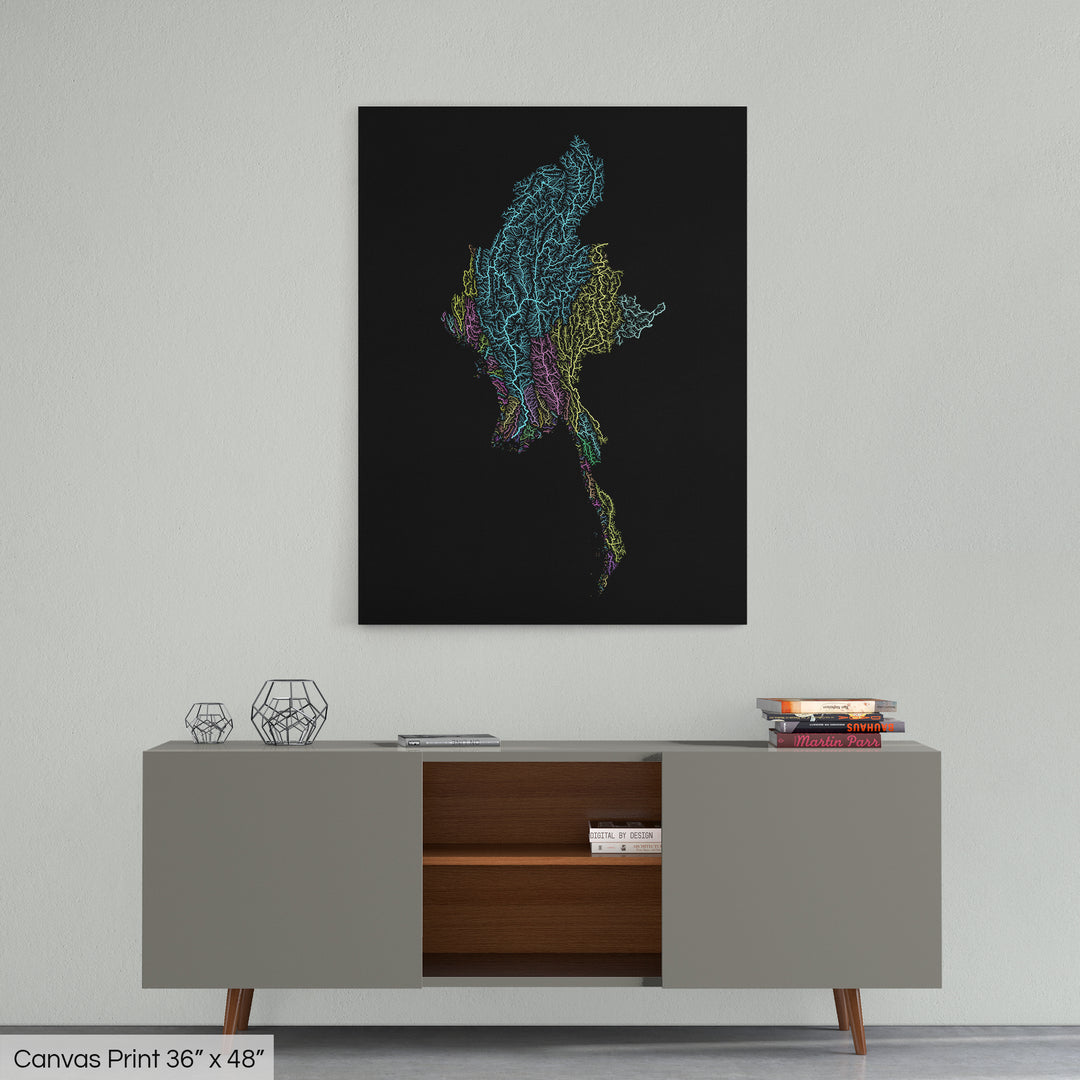 Myanmar - River basin map, pastel colours - Wall Art
