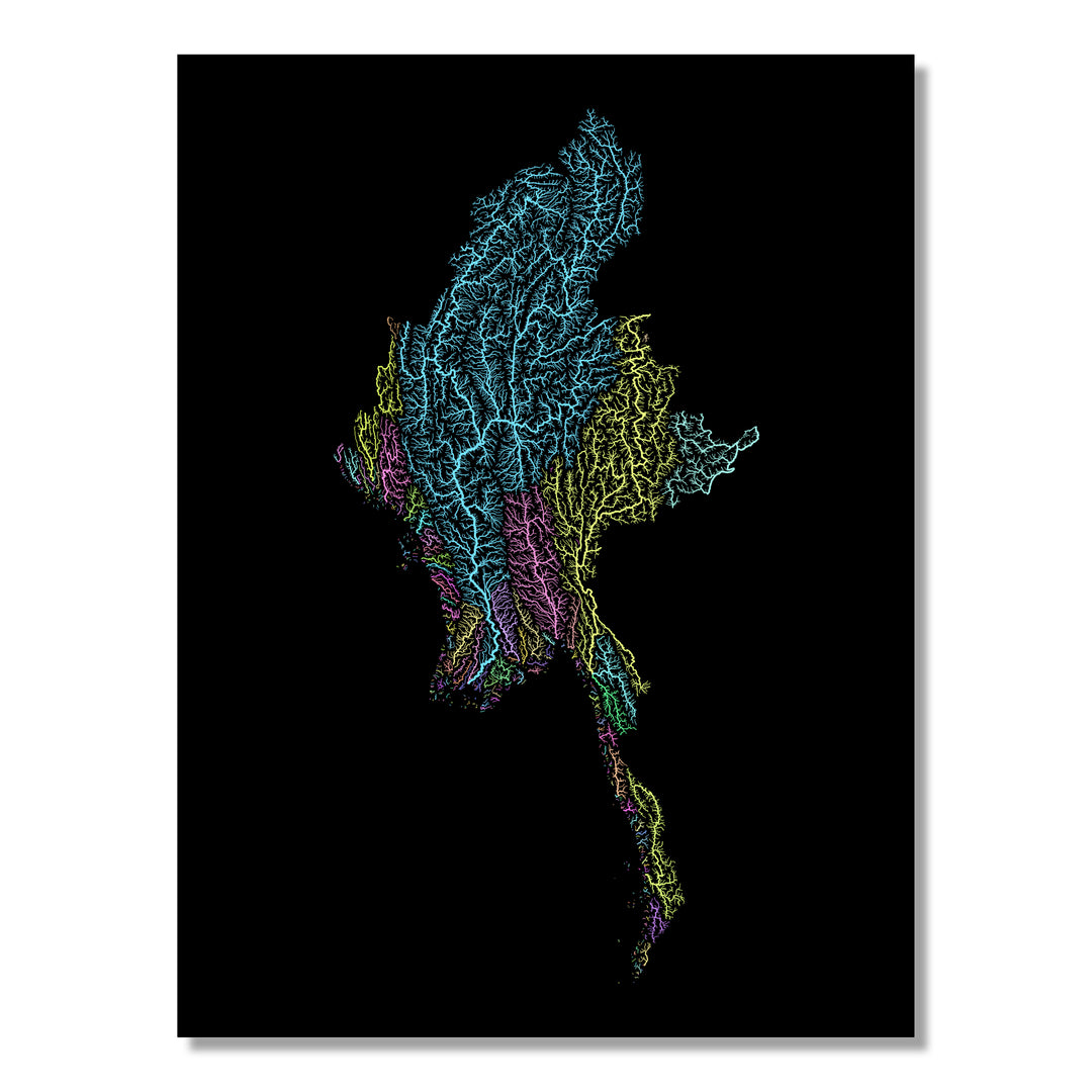 Myanmar - River basin map, pastel colours - Wall Art